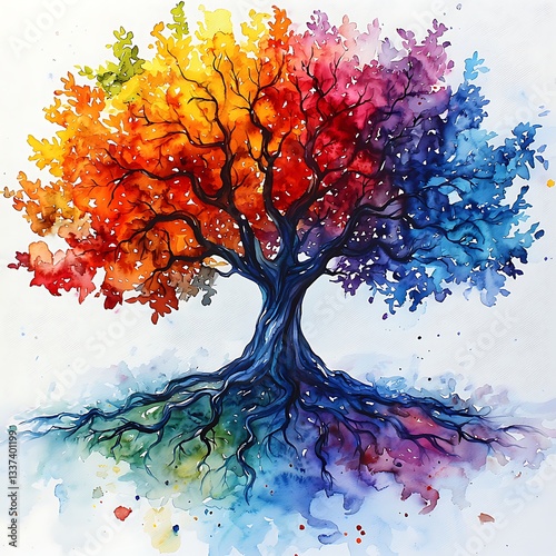 Stunning watercolor tree with colorful leaves high resolution design