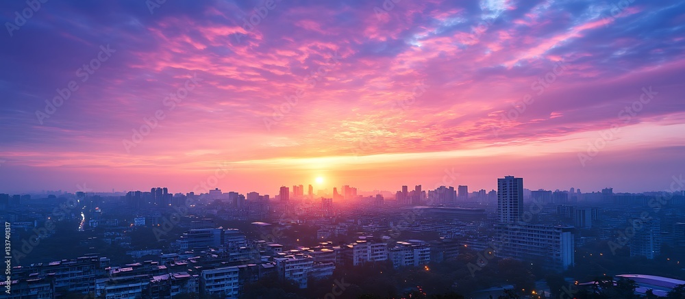 Fototapeta premium Cityscape sunrise, vibrant sky, hazy cityscape