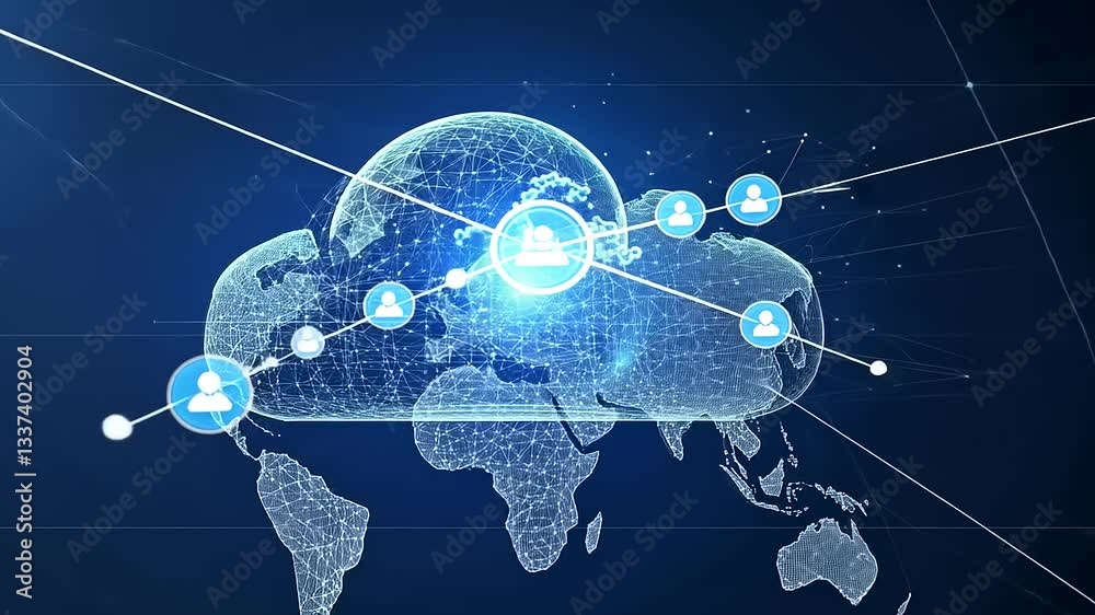 Digital representation of a global network connecting users through cloud technology with data flow