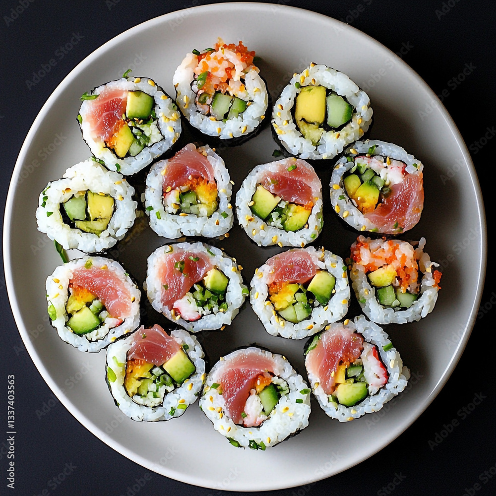 Delicious homemade sushi rolls with tuna avocado cucumber raw food meal rice maki fish lunch tasty Delicious homemade sushi rolls with tuna avocado cucumber raw food meal rice maki fish lunch tasty