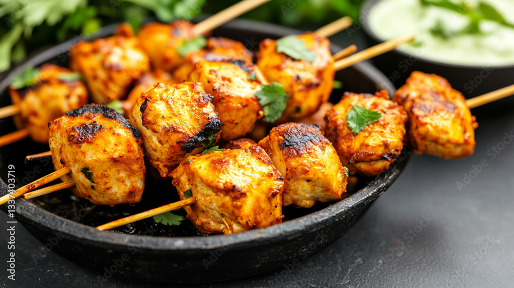 Grilled chicken tikka pieces, golden brown with charred edges, coated in a vibrant orange marinade of yogurt and spices, resting on a plain surface, showcasing juicy texture and smoky, flavorful aroma Grilled chicken tikka pieces, golden brown with charred edges, coated in a vibrant orange marinade of yogurt and spices, resting on a plain surface, showcasing juicy texture and smoky, flavorful aroma