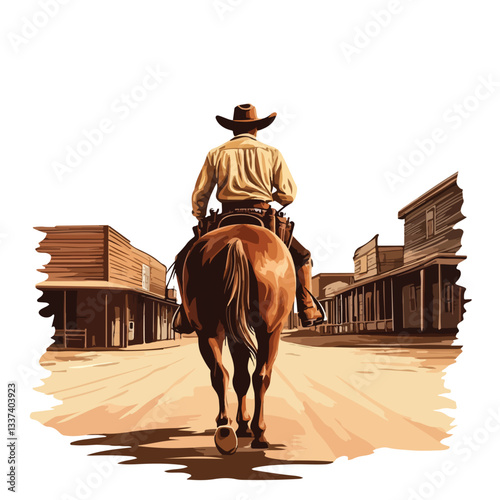 Cowboy Riding Horse: Western Style Back View