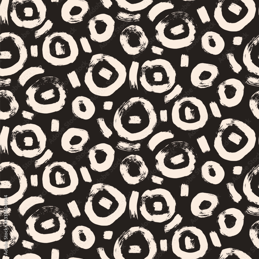 Circle brush stroke seamless pattern. Polka dots endless background. Paint monochrome tribal decor repeat cover. Abstract continuous ornament. Surface pattern design round motif. Vector hand drawn bg.