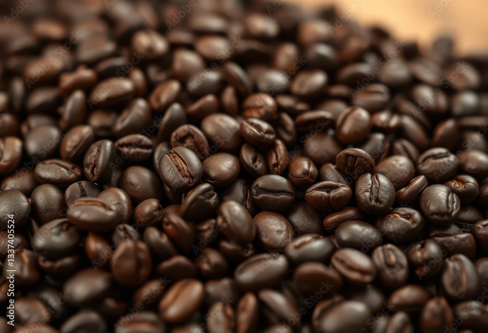 Close-up of dark roasted coffee beans, rich texture, commercial, detail Close-up of dark roasted coffee beans, rich texture, commercial, detail