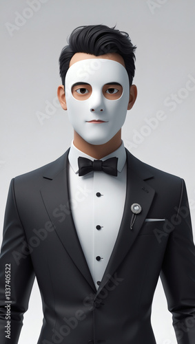 A man in a suit and bow tie wearing a white, expressionless mask, creating a stark contrast between formality and anonymity.