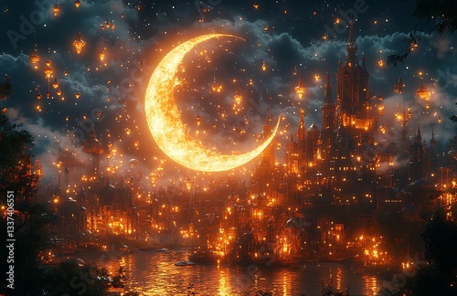 Luminous Crescent Moon Above Picturesque City, Surrounded by Sparkling Lights and Dark Cloudy Sky

