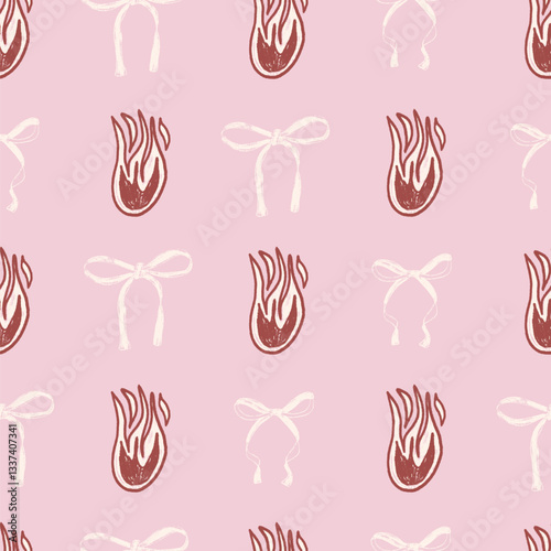 Coquette seamless pattern. Girly fire and bowknot marker endless background. Bow and flame repeat cover. Crayon continuous ornament. Surface pattern design ribbon motif. Vector hand drawn bg.
