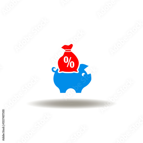 Vector illustration of piggy bank and money bag with percent sign. Symbol of debt.