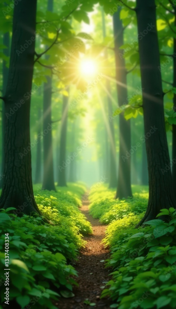 Fototapeta premium Blurred green forest with sun rays piercing through , light, green, overlay