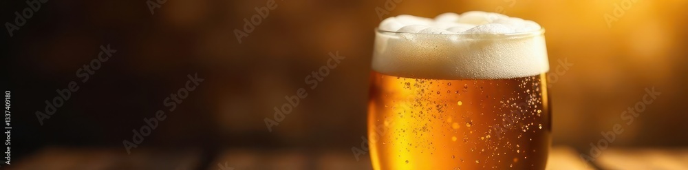Golden beer froth in a wide glass, rich amber liquid, golden, alcohol Golden beer froth in a wide glass, rich amber liquid, golden, alcohol