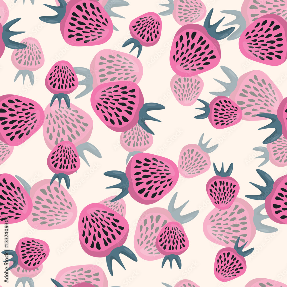 Seamless pattern with strawberry on color background. Natural delicious fresh ripe tasty fruit. Vector illustration for print, fabric, textile, banner, other design. Food concept. Seamless pattern with strawberry on color background. Natural delicious fresh ripe tasty fruit. Vector illustration for print, fabric, textile, banner, other design. Food concept.