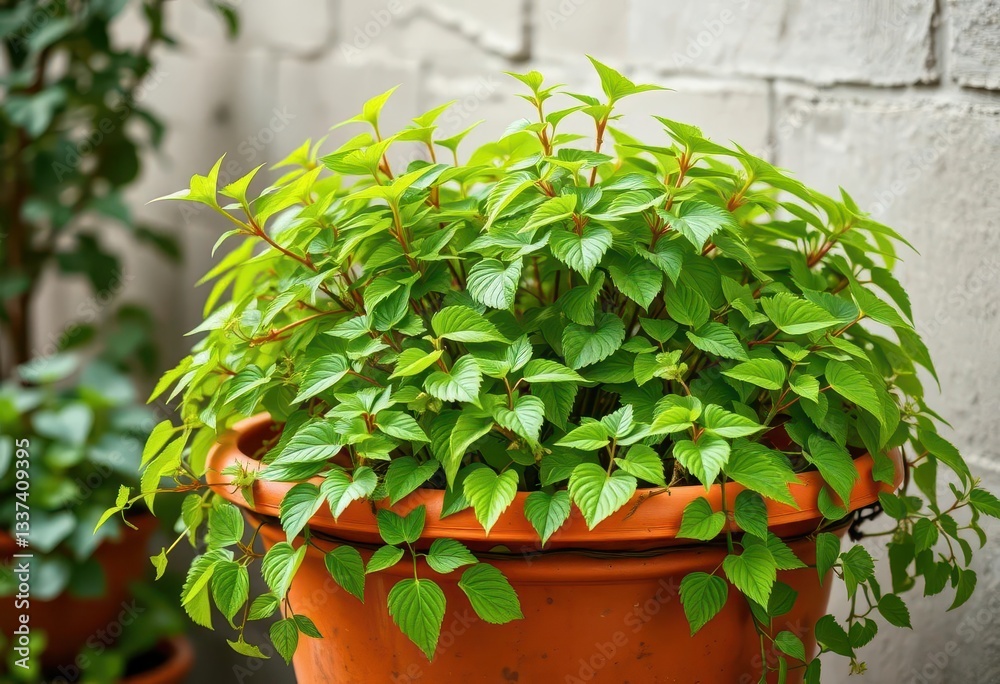 Obraz premium Large terracotta pot, lush green plant thriving, garden, ceramic