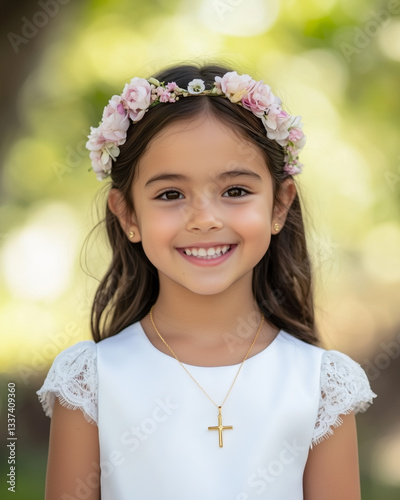 Smiling Hispanic girl in a white first communion dress with cross necklace and flower crown on blurred outdoors background