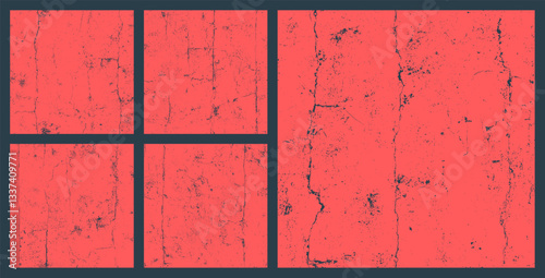 Old Cracked Concrete Wall Subtle Seamless Texture Bundle Abstract Vector Red Background. Grungy Distressed Boundless Texture. Broken Textured Material Continuous Grunge Abstraction. Loopable Elements