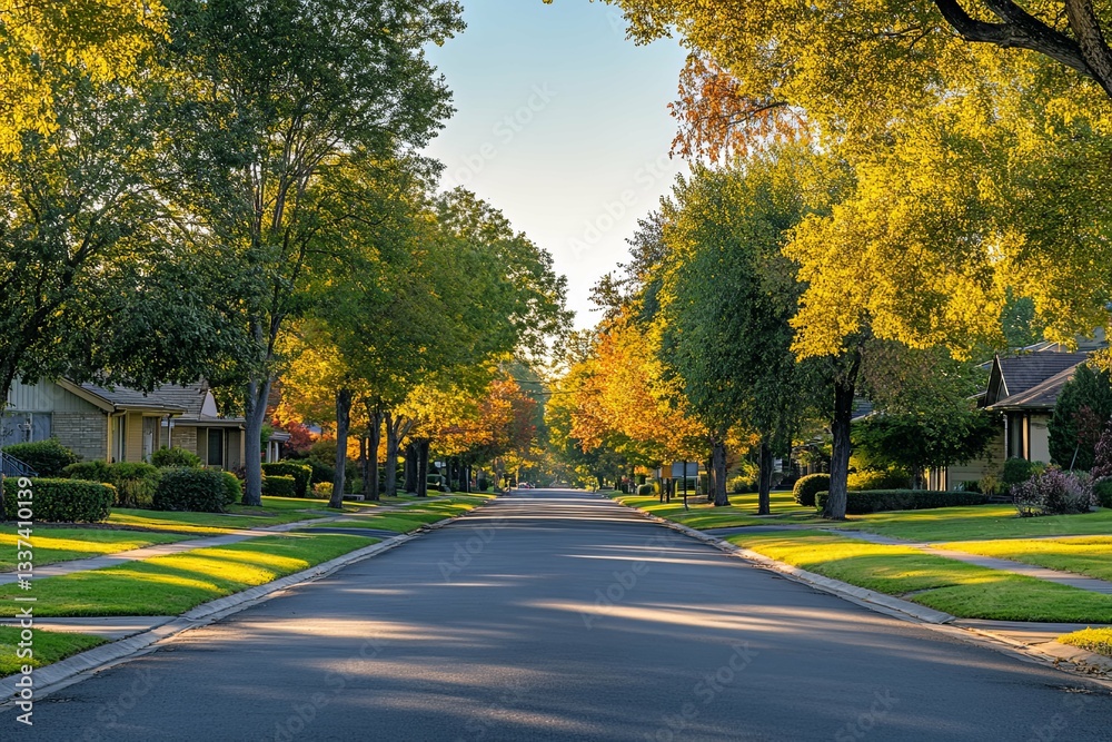 Obraz premium A quiet suburban street lined with trees and houses