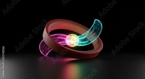 Abstract Composition of Ring, Sphere and Curved Shapes with Vibrant Light