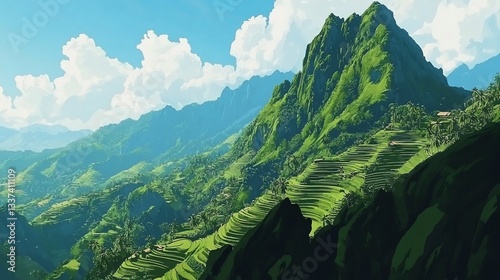 Lush mountain valley with terraced rice paddies. Scenic view of verdant slopes, dramatic peaks, and agricultural terraces photo