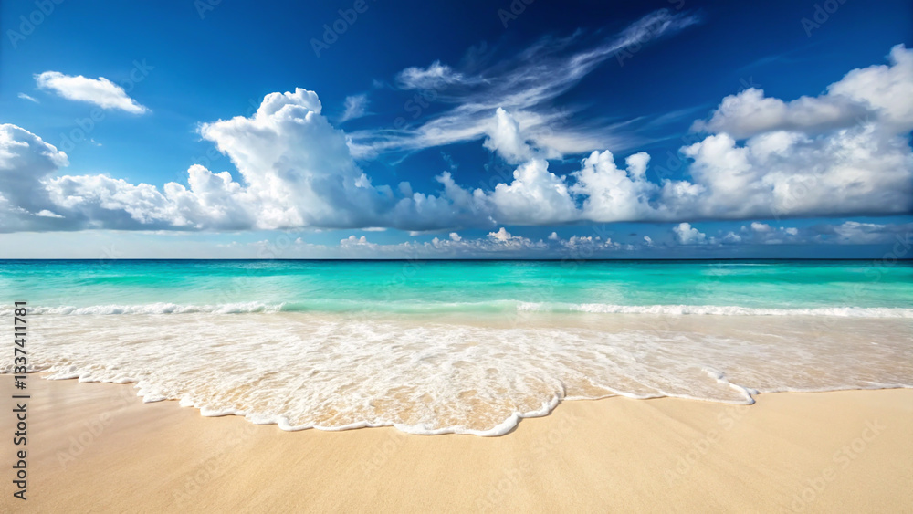 Obraz premium Azure Beach and White Waves with Sandy Shoreline with Fluffy Clouds Against a Blue Sky