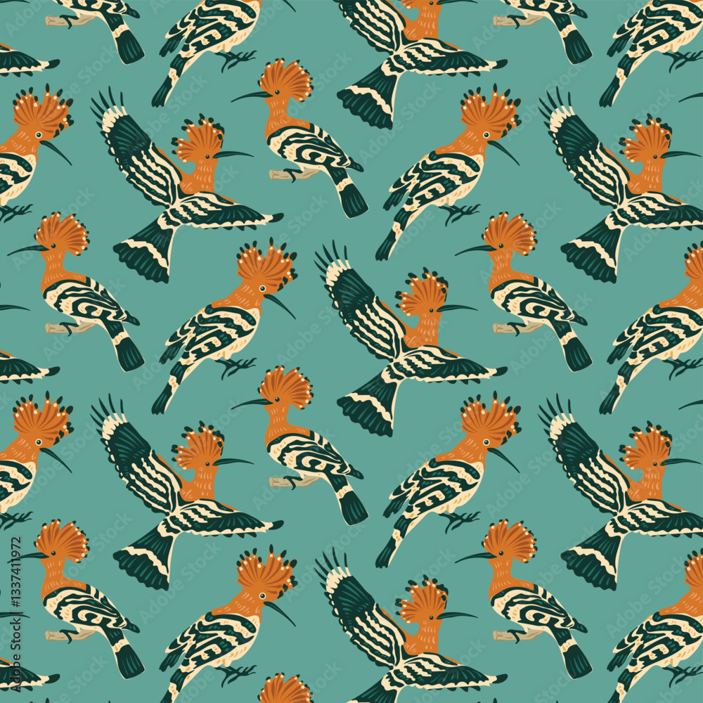 Naklejka premium Pattern of Eurasian Hoopoe. A small, brightly colored bird with a long, narrow beak and a fan-shaped crest. National symbol of Israel. Vector background for fabric, textil, wrapping paper, gift cards.