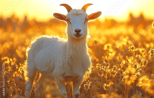 White Goat with Small Horns Stands in Sunlit Field of Golden Flowers, Exuding Serene Charm


