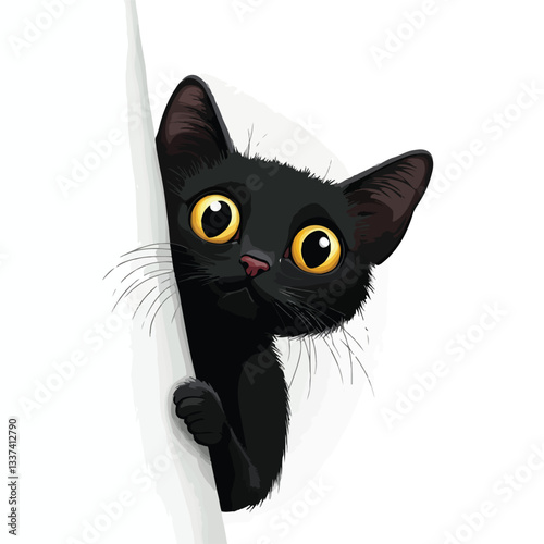 Curious Black Cat Peeking from Corner - Pets & Cats Spy Playful Interaction
