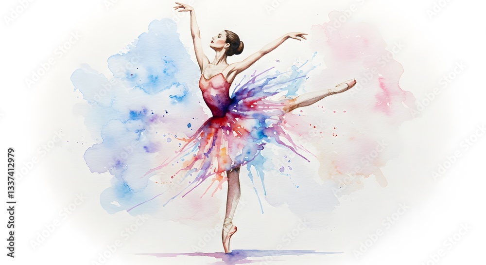 Obraz premium Ballerina Dancing Watercolor Style Illustration in Colorful Dress on White