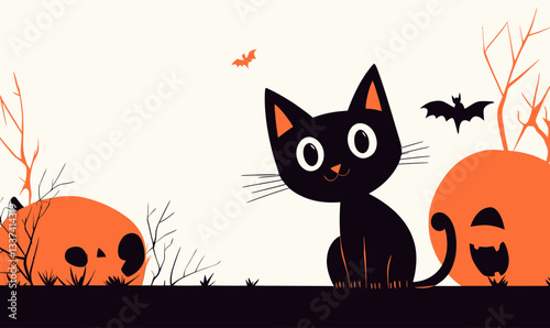 Black Cat and Jack-o'-Lantern Halloween Banner with Bats and Pumpkins Illustration