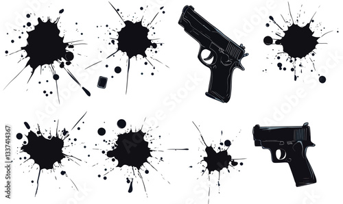 Gun and Bullet Hole Silhouettes with Ink Splatter Elements for Target Practice Concepts