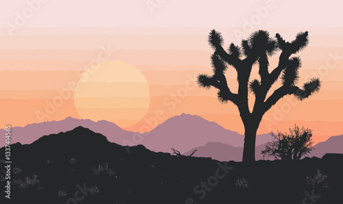 Joshua Tree National Park Sunset Vector Illustration in Minimalist Flat Style