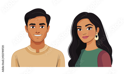 Minimalist Portrait of Young Indian Man and Woman in Vector Illustration Style