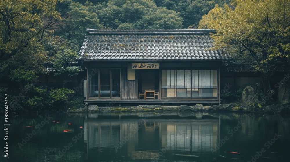 Fototapeta premium Serene Japanese House by the Pond