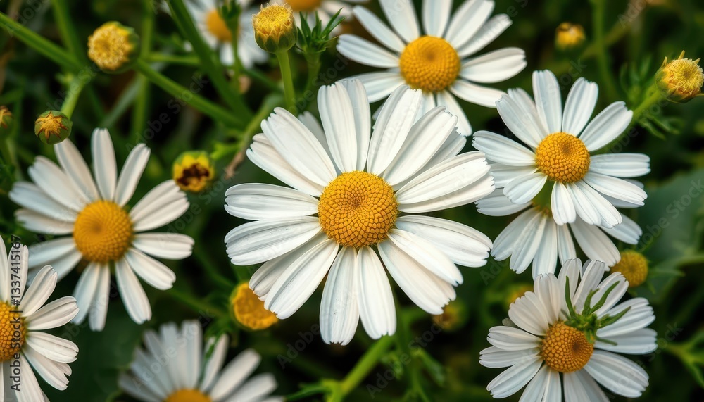 Obraz premium Close-up of chamomile flowers and leaves, delicate petals and green foliage, background, fresh