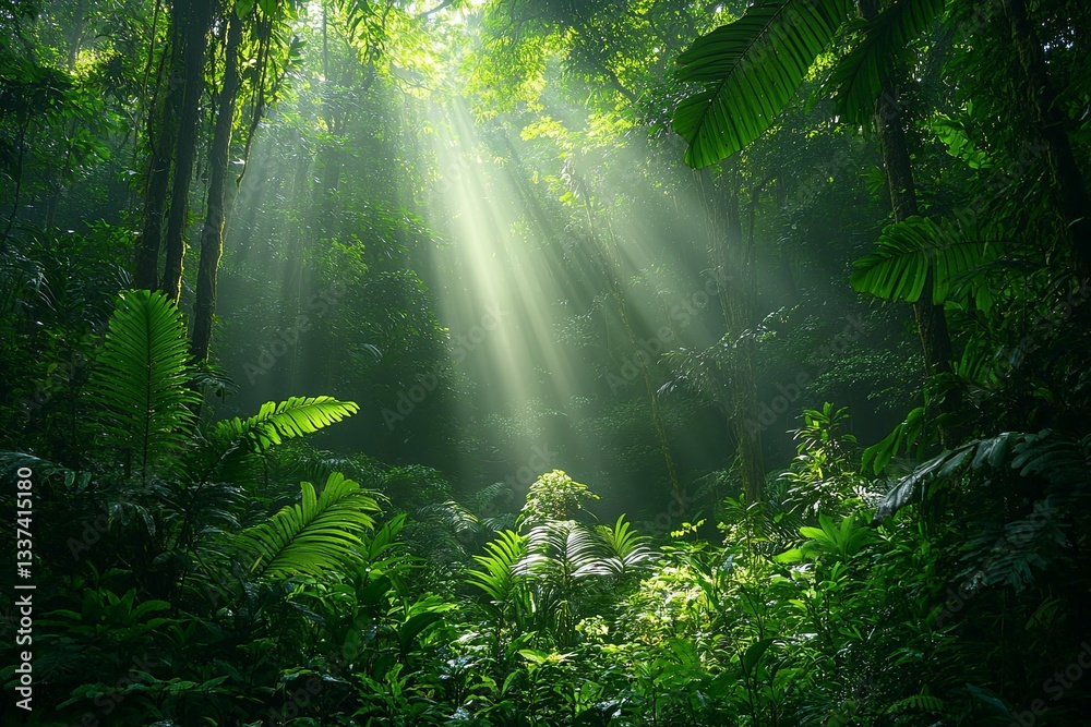 Obraz premium Sunlight beams through a vibrant lush green tropical rainforest scene