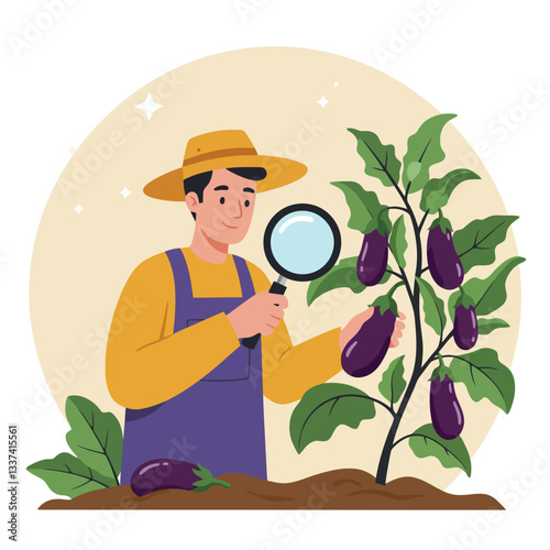 Farmer Inspecting Eggplant Crop with Magnifying Glass in Garden