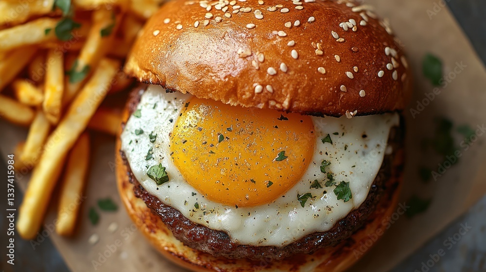 Savory breakfast burger with fries Savory breakfast burger with fries
