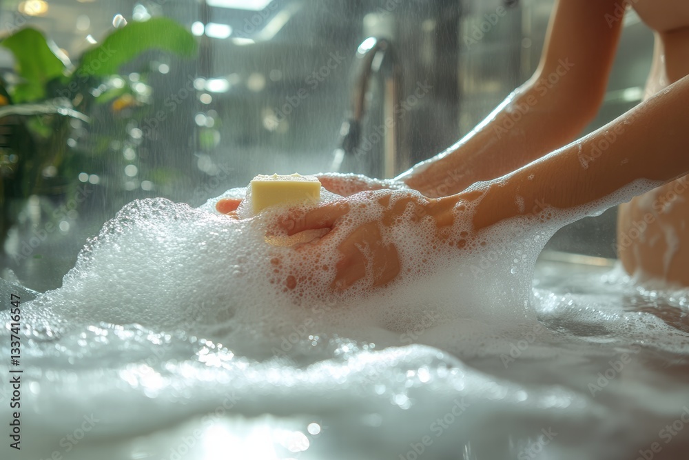 Fototapeta premium Woman washes her hands with soap under running water in a clean bathroom