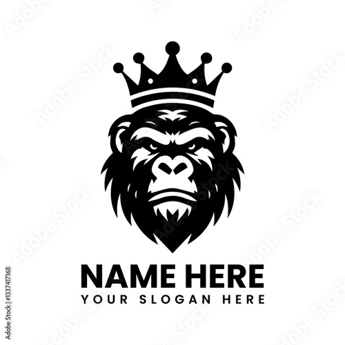 Detailed crowned gorilla face silhouette. Classic regal primate motif
