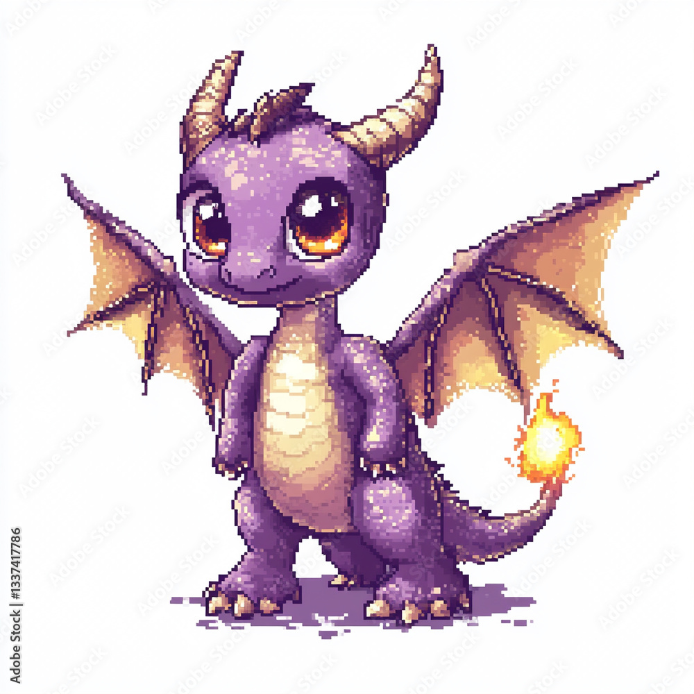 Fototapeta premium Pixel art of a cute purple dragon with glowing orange eyes, wings, and a fiery tail, designed in a retro video game style