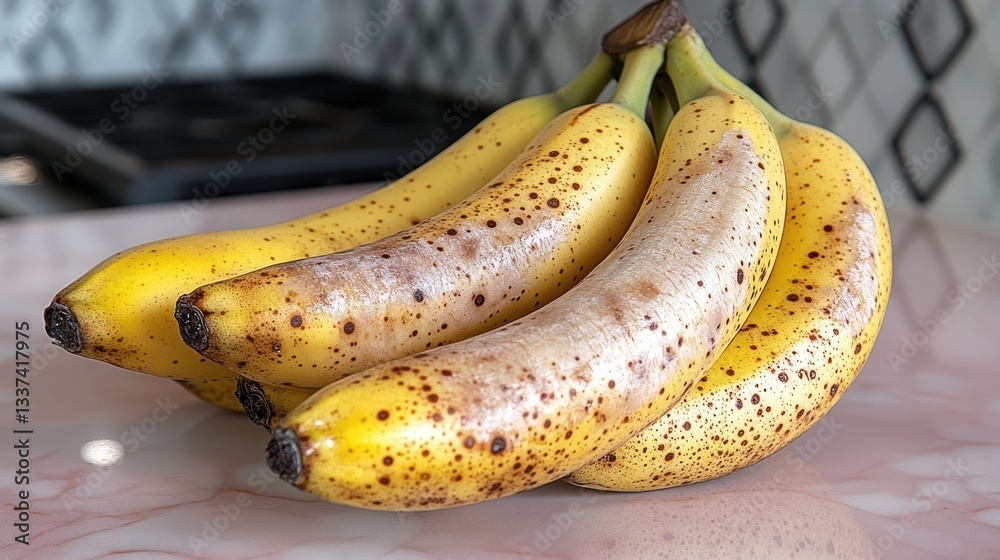 A cluster of ripe bananas with brown spots on a countertop. A cluster of ripe bananas with brown spots on a countertop.
