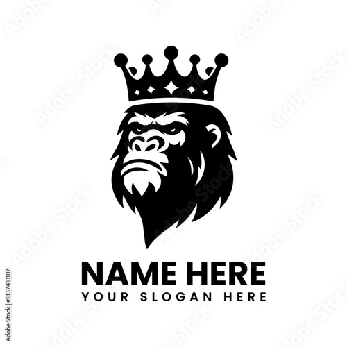 Detailed crowned gorilla face silhouette. Classic regal primate motif