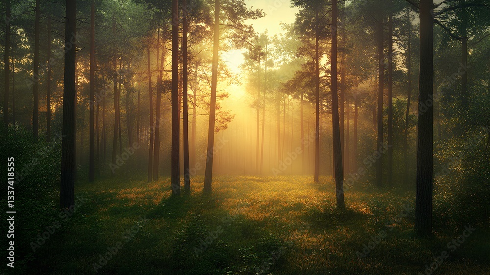 Fototapeta premium Mysterious misty forest at sunrise. 3d render illustration