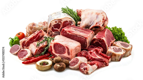 A variety of meats and vegetables are displayed on a white background. Concept of abundance and variety, as there are many different types of meat and vegetables on display