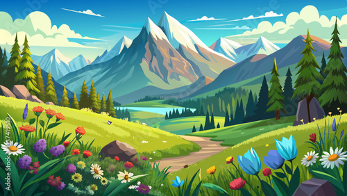 Lush alpine meadow surrounded by majestic mountains , nature, landscape, alpine, meadow, grass, flowers, mountains