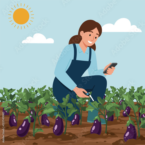 Woman Farmer Checking Eggplant Quality Using Mobile Phone on Farm