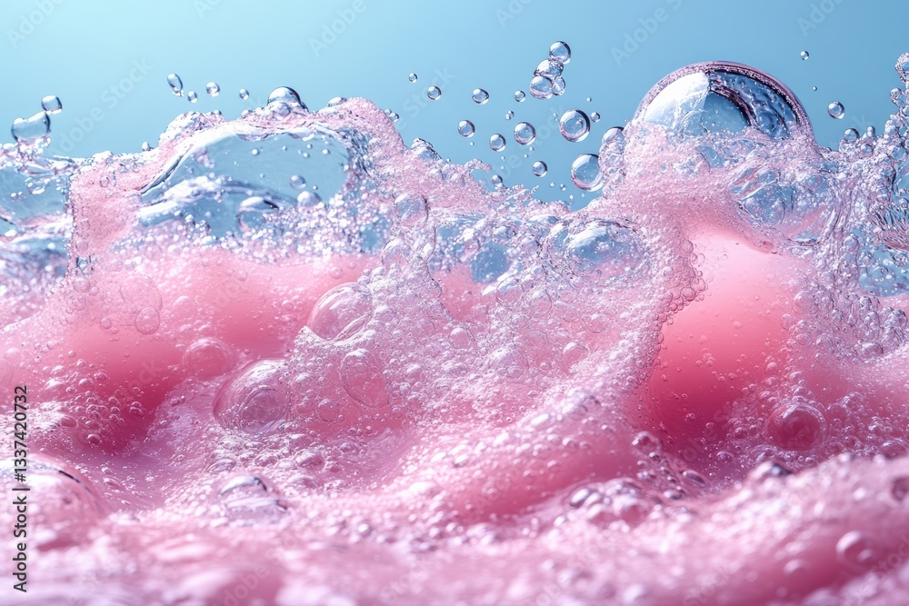 Fototapeta premium Create engaging graphic layouts for cosmetic advertising featuring pink bubbles and splashes
