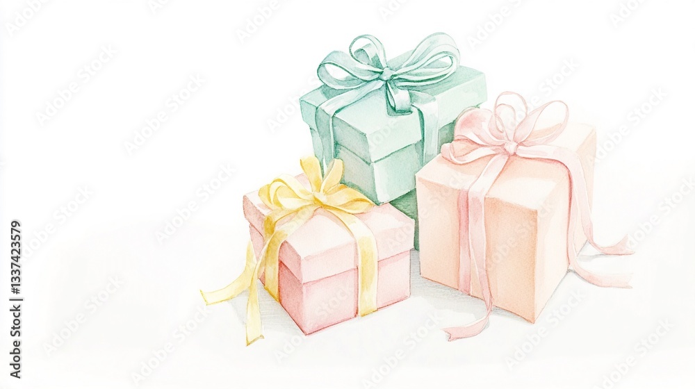 Obraz premium Delicate Watercolor Painting of Pastel Gift Boxes with Mint Green, Blush Pink, and Soft Yellow Ribbons - Airy, Transparent Design Perfect for Celebrations and Special Occasions