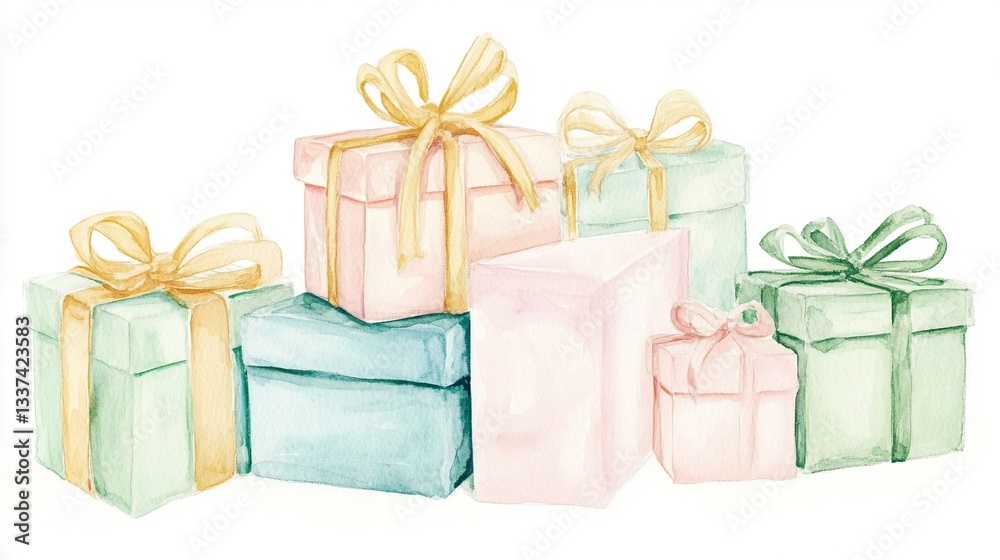 Obraz premium Delicate Pastel Watercolor Painting of Gift Boxes Stacked with Ribbons - Soft Mint Green, Blush Pink, and Yellow - Airy and Light Design for Elegant Celebrations and Events