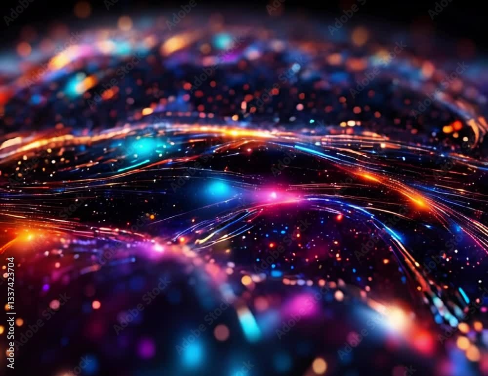 The fabric of the universe. Colorful lights space background moving like a wave. Global connectivity points in colorful dots. The fabric of the universe. Colorful lights space background moving like a wave. Global connectivity points in colorful dots.