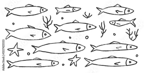 Fishes doodle set. Sardines hand drawn scribble School of fish in the sea. Vector monochrome nautical illustration by pencil aquarium on white background. Crayon or chalk naive underwater life.