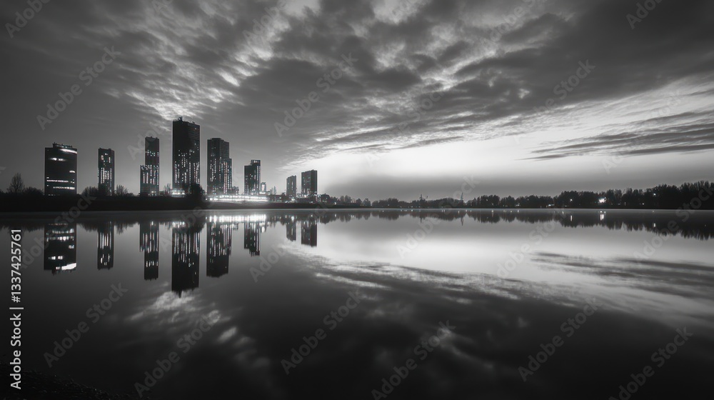 Fototapeta premium City skyline reflected in calm water at dawn